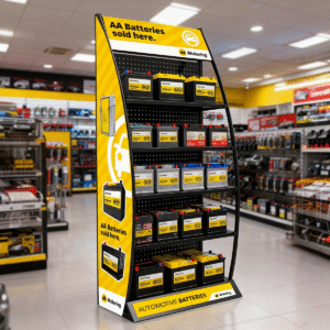 Multi-purpose Metal Display Rack with Customizable Ads-For Lubricating Oil, Automotive Batteries at Gas Stations & Auto Shops